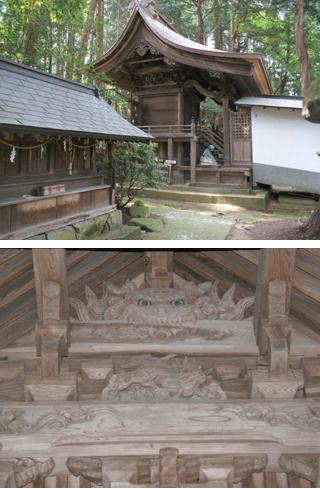 （上）関神社の本殿（下）中井権治の彫刻